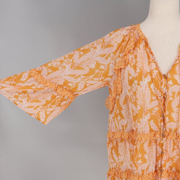 ANTHROPOLOGIE Mia Ruffle Printed Orange Tiered Tunic Blouse Oversized Size S - Picture 6 of 8